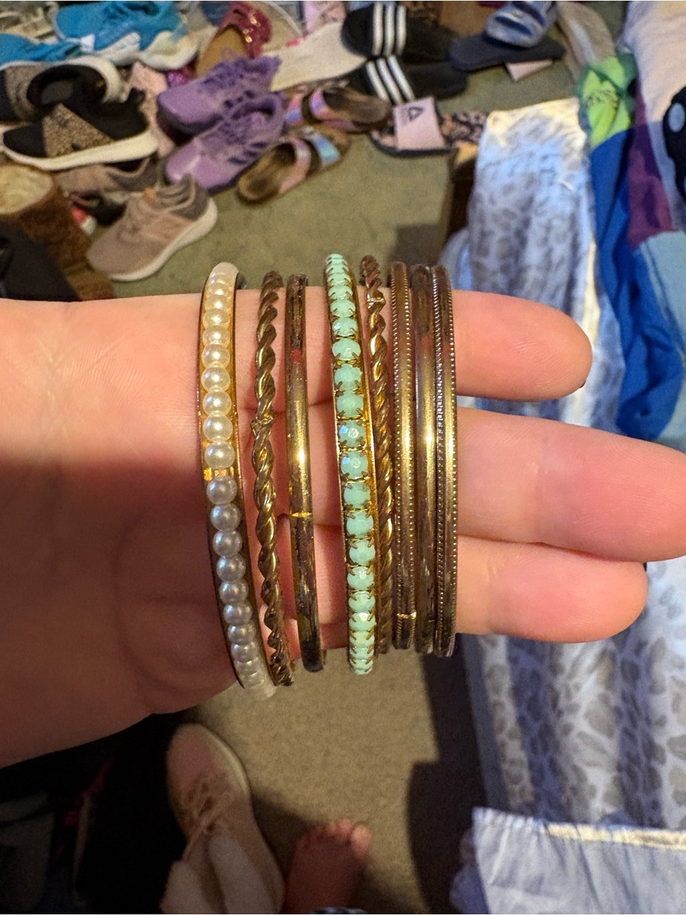 Gold Tone and Turquoise Bead Stackable Bangle Bracelet Set